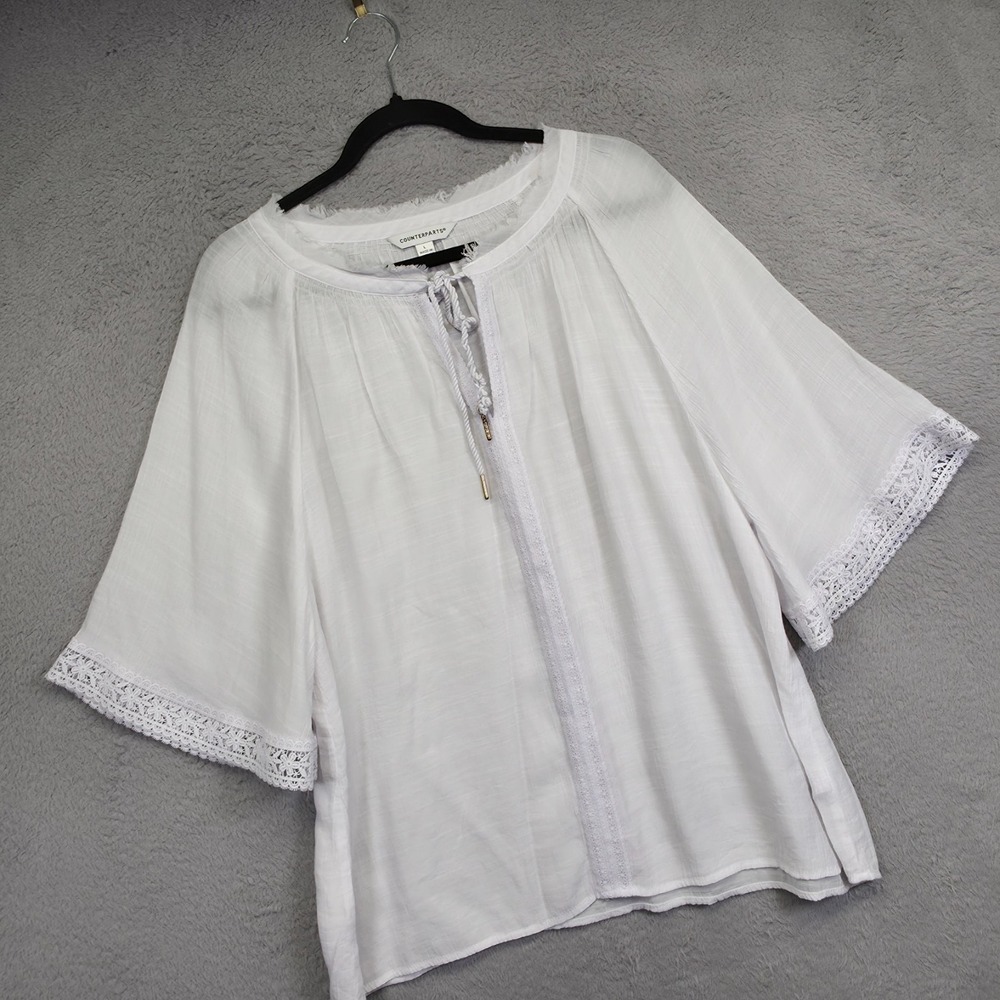 Counterparts Top Womens L White Gauzy Floral Eyelets Lace Boho Peasant‎ Resort